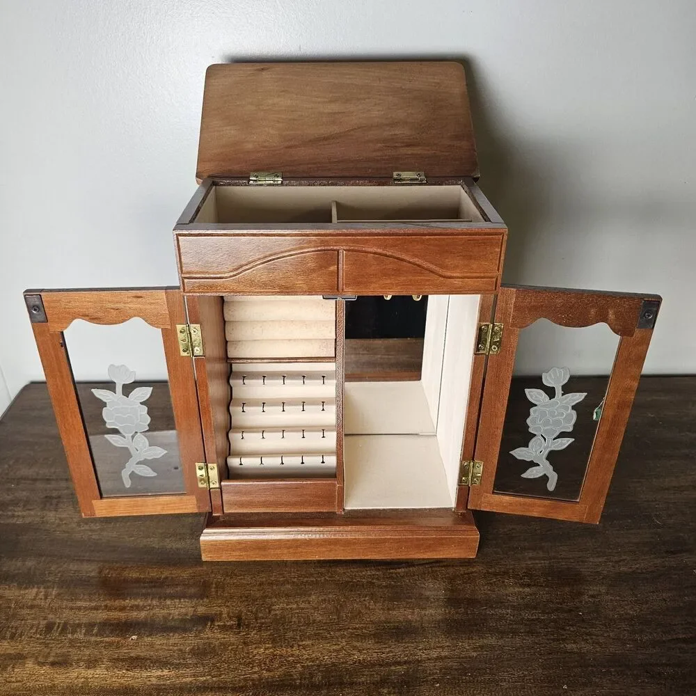 Vintage Wooden Jewelry Armoire with Etched Floral Glass Doors & Hinge Top Lid